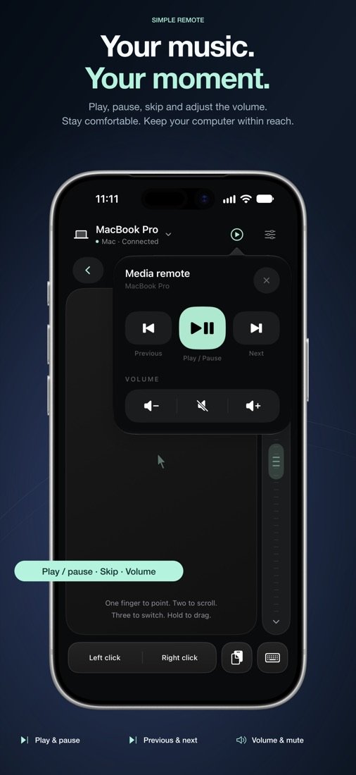 Media remote with play, pause, skip and volume buttons